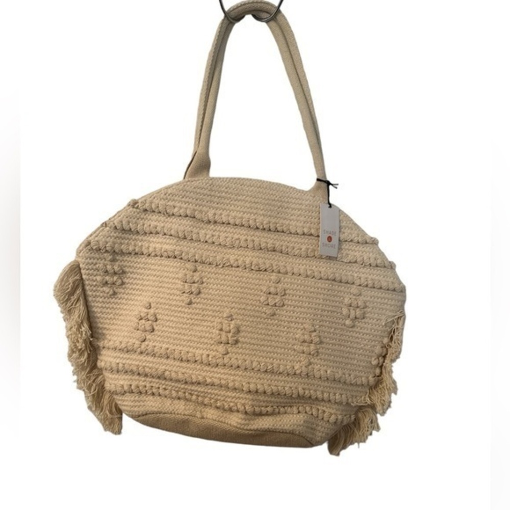 NWT Straw Fringe Tote Handbag from Shade & Shore dark beige color